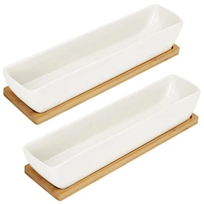 Afbeelding van Belle Vous Wit Keramische Rechthoekige Vetplanten Potten met Bamboe Bakken (2 Pak) L24 x B5,5 H4 cm Binnen/ Buiten Planters voor Huis, Kantoor &amp; Bureau/ Tafel