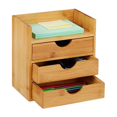 Afbeelding van Relaxdays bureau organizer met 3 lades bamboe pennenbak opbergsysteem voor kantoor