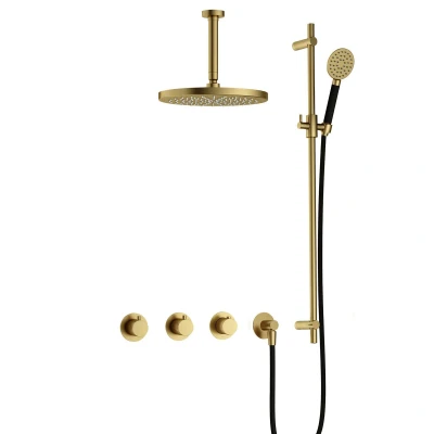 Afbeelding van Hotbath Cobber Regendoucheset IBS70 Geborsteld Messing PVD Ronde handdouche 30cm Hoofddouche 15cm Plafondbuis Handouche met glijstang