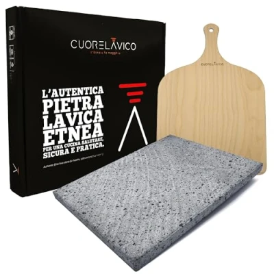 Afbeelding van CUORE LAVICO ETNEA lavasteen vuurvaste bakplaat set voor pizza 39 x 30 2 cm + schep gasoven, elektrische grill brood en tang, gemaakt in Italië