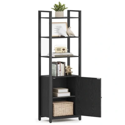 Afbeelding van VASAGLE Verticale boekenkast met 6 niveaus deur, metalen frame, verstelbare planken, 24 x 40 159,5 cm, voor woonkamer, slaapkamer, houtzwart en inktzwart LLS132B01