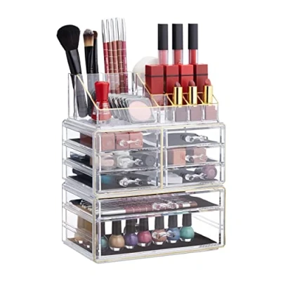 Afbeelding van Relaxdays make up organizer opbergen van cosmetica acryl stapelbaar met lades transparant goud