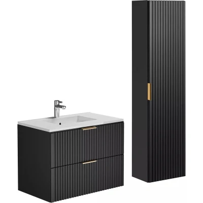 Afbeelding van Zwevend, geribbeld wastafelmeubel met inbouwwastafel en kolomkast Zwart 80 cm ZEVARA L x H 57 D 46