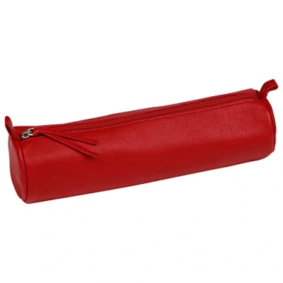 Afbeelding van Clairefontaine 8308C Pennenetui, rond, rood, Ø 5,5 x 22 cm, van echt lamsleer, schoolbenodigdheden, etui met kleurpotloden, pennenhouder
