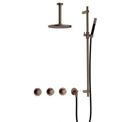 Afbeelding van Hotbath Cobber Regendoucheset IBS70 Verouderd Messing Staaf handdouche 20cm Hoofddouche 15cm Plafondbuis Handouche met glijstang