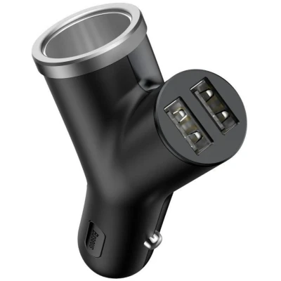 Afbeelding van Baseus Y Type Autolader 2x USB 1x Sigarettenaansteker Splitter Zwart