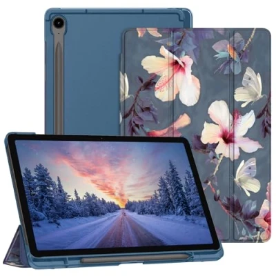 Afbeelding van Fintie Ultradunne beschermhoes voor Samsung Galaxy Tab S9 FE 10,9 inch / tablet 11 2023 met penhouder, doorschijnende achterkant en automatische slaap /waakfunctie, bloemenhibiscus