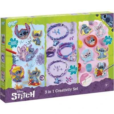 Afbeelding van Disney Lilo en Stitch Totum 3 in 1 knutselset armbandjes maken gips gieten diamond painting magneten sleutelhanger cadeautip knutselen creatief speelgoed
