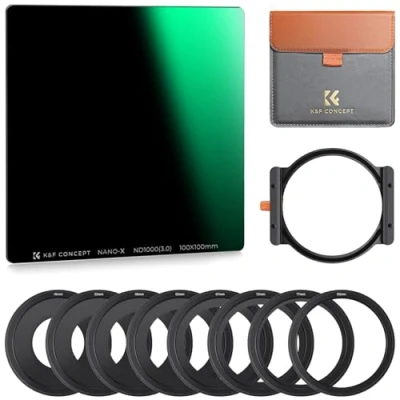Afbeelding van Vierkante ND1000 Filter, K &amp; F Concept Slanke 2mm Dikte HD 18 Laag Multi Coated Glas Waterdicht 10 Stop ND3.0 Neutrale Dichtheid Filter 100X100mm met 49/52/58/62/67/72/77/82 Adapter Filterhouder