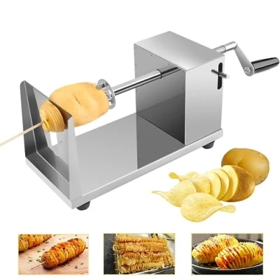 Afbeelding van Uten Roestvrijstalen spiraalsnijder met zwengel en antislip rubberen voetjes voor fruit, aardappelen, tornado chips, komkommers of wortelen