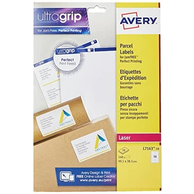 Afbeelding van Avery UltraGrip L7163 zelfklevende adresetiketten, laserprinters, 14 etiketten per A4 vel, wit, 140 stuks