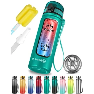 Afbeelding van Thermo Minny roestvrijstalen waterfles lekvrij met rietje of zeef 400ml, 600ml robuuste voor kinderen en volwassenen BPA vrij (turquoise, 600 ml)