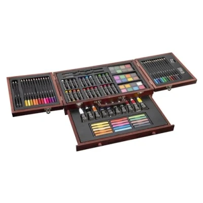 Afbeelding van Nassau Fine Art luxe kunst schilderskoffer / tekenkoffer 103 delig Tekendoos Inhoud: kleurpotloden puntenslijper gum grafietpotloden tortillon pastels acrylverf penselen aquarelverf oliepastels