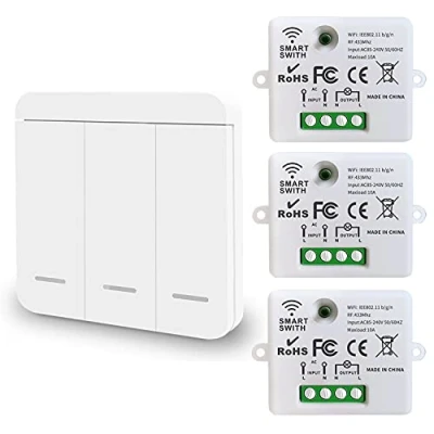 Afbeelding van DieseRC Mini schakelaar, draadloos, afstandsbediening, RF, 2500 W, 10 A, 3 ontvangers met 1 draadloze wandschakelaar, intelligente bediening via Tuya app, compatibel Alexa/Google Home