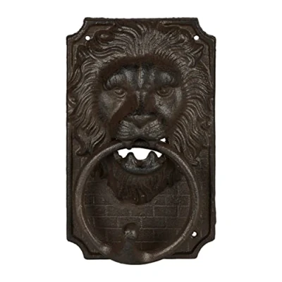 Afbeelding van Relaxdays deurklopper leeuw alternatief voor deurbel gietijzer vintage klopring dark Brown
