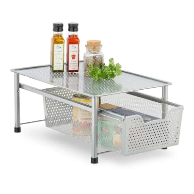 Afbeelding van Relaxdays keuken organizer stapelbaar schuifmand bureau metaal keukenkast zilver