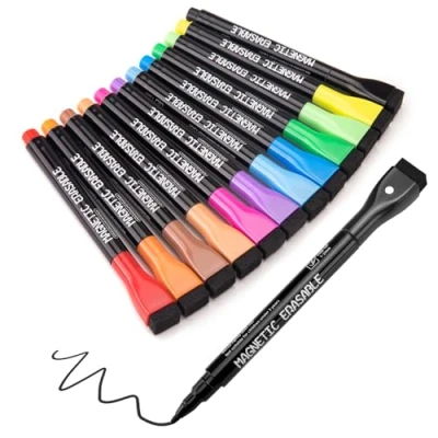 Afbeelding van JEFURE 12 stuks magnetische whiteboard markers, kleuren, uitwisbare gekleurde stiften met gum, fijne punt voor thuis, school, kantoor