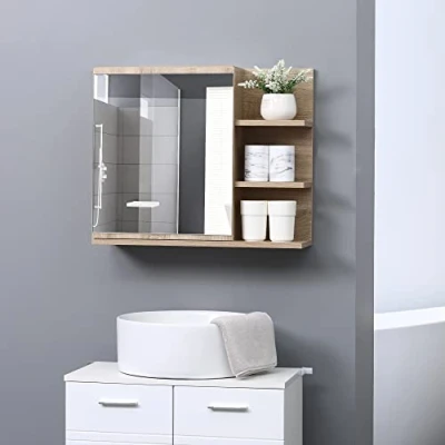 Afbeelding van kleankin Badkamerspiegelkast met plank, 3 zijplanken, wandinstallatieset inbegrepen, spaanplaat, licht eiken look