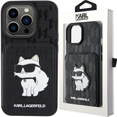 Afbeelding van Karl Lagerfeld Saffiano Kaartslots en Standaard Monogram Choupette Case voor iPhone 15 Pro Max Zwart