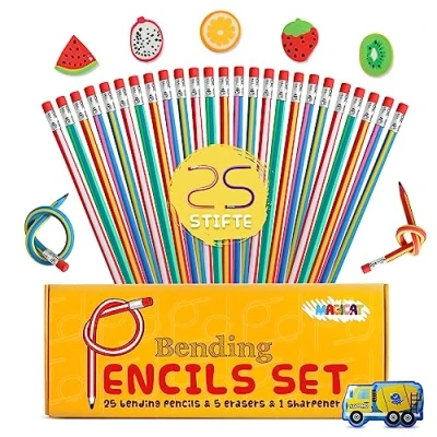 Afbeelding van Magicat 25 hoogwaardige flexibele potloden voor kinderen, 5 schattige gummetjes en 1 puntenslijper, creatief cadeau kinderverjaardag, kinderfeest, eerste schooldag, kalender