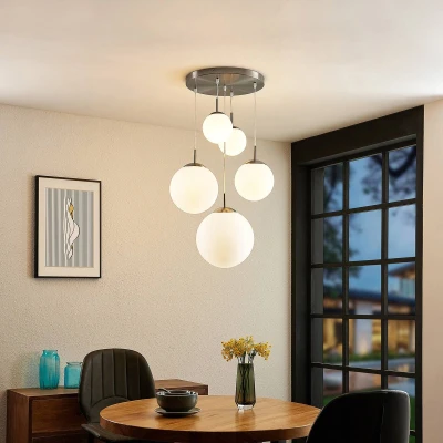Afbeelding van Lindby hanglamp 5lichts metaal, glas E27 mat nikkel, opaal wit