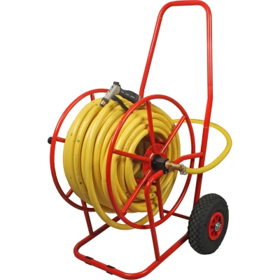 Afbeelding van Talen Tools Professionele Haspel met Luchtbanden Gemonteerd 50 meter 3/4&quot; Gele Tuinslang No Twist en Messing Koppelingen + Pistool Volledig Gebruiksklaar