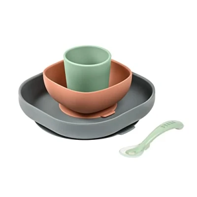 Afbeelding van Béaba Silicone maaltijdset Kinderservies 4 delig Groen/terracotta/grijs