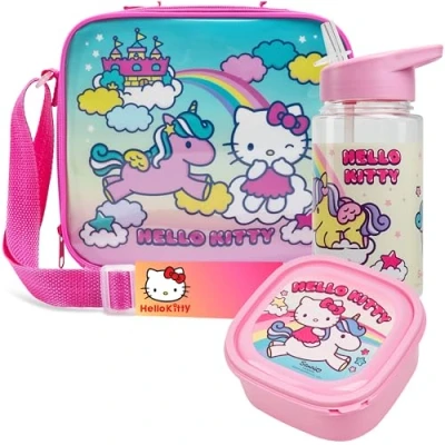 Afbeelding van Get Trend Hello Kitty Lunchset voor kinderen, 3 delig, koeltas met riem, broodtrommel en drinkfles, 400 ml, BPA vrij, school, picknick (Hello Kitty)