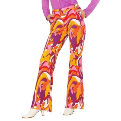 Afbeelding van Widmann Hippie Kostuum Groovy Gwendolyn 70s Dames Broek, Orchidee Vrouw Oranje, Roze, Multicolor Large / XL Carnavalskleding Verkleedkleding