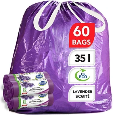 Afbeelding van Stella vuilniszak, milieuvriendelijk en recyclebaar, van kunststof afval, zeer robuust flexibel, lavendelgeur paarse kleur, 35 l, type touw