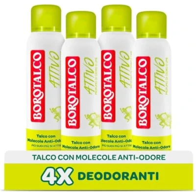 Afbeelding van Borotalco, Geel, actieve deodorantspray, talkpoeder met geurremmende moleculen, frisse efficiëntie, 48 uur zonder alcohol, cedergeur en limoen, 4 stuks à 150 ml, exclusief van Amazon