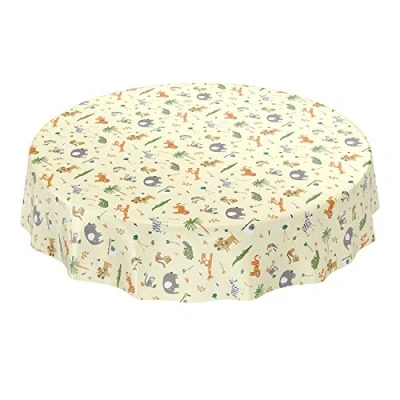 Afbeelding van ANRO Afwasbaar tafelzeil, kinderverjaardag, dierenmotief, lichtgroen, rond, 140 cm