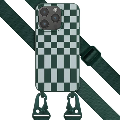 Afbeelding van Selencia hoesje met koord Geschikt voor iPhone 14 Pro Siliconen design afneembaar Groen / Irregular Check Green
