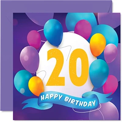 Afbeelding van verjaardagskaart voor de 20e verjaardag mannen en vrouwen, ballonparty, verjaardag, vrouw, broer, zus, zoon, dochter, kleinkinderen, neef, 145 mm x