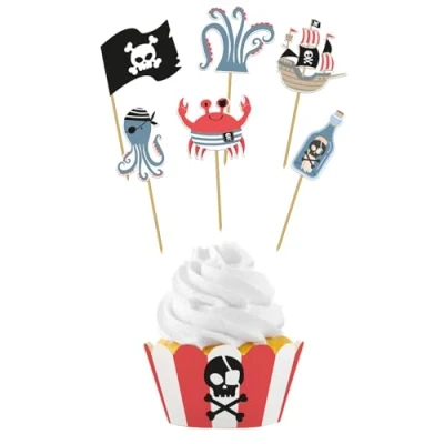 Afbeelding van Folat 27482 Set van 6 piratenfeestdecoraties Voor kinderverjaardag Cupcake decoratieset Piratenfeest meisjes en jongens