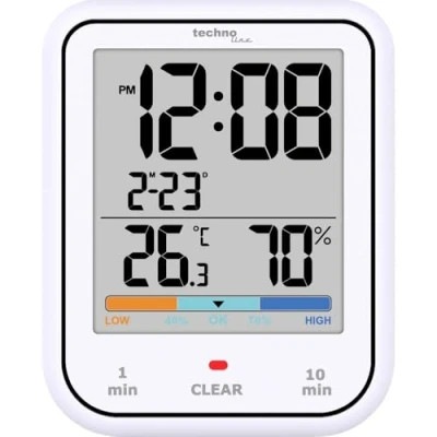 Image de techno line WT380 Horloge numérique de salle bain avec hygromètre et thermomètre Étanche Minuterie douche Fonction compte à rebours Grand écran LCD Affichage la date Blanc