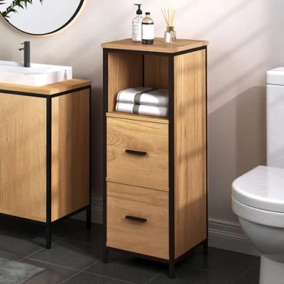 Afbeelding van EUGAD Badkamermeubel met kolom, 1 open vak en 2 afneembare laden, voor woonkamer, slaapkamer, keuken, van hout metaal, 30 x 80 cm, zwart + licht eiken