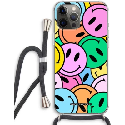 Afbeelding van Case Company® hoesje met Koord geschikt voor iPhone 12 Pro Smiley N1 Telefoonhoesje Zwart Extra Bescherming aan alle Kanten en Over de Schermrand
