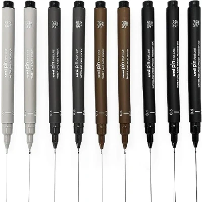 Afbeelding van Uni Pin Fineliner tekenstiften, zwart, donkergrijs, lichtgrijs en sepia, 0,1/0,5 mm, 9 stuks