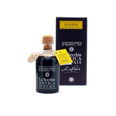Afbeelding van La Secchia Balsamico azijn uit Modena IGP &quot;Vier sterren&quot;, gerijpt in 16 flessen jeneverbes, gemiddelde tot hoge dichtheid, 250 ml fles met doseerdop van kurk