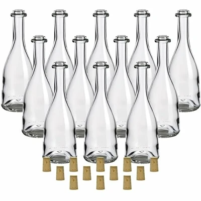 Afbeelding van gouveo Set van 12 glazen flessen 200 ml &quot;Rustica&quot; met doppen (SK) Kleine kurkflessen Designfles voor het vullen likeur, wijn, olie (RFR200SK)