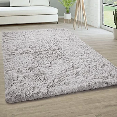 Afbeelding van Vloerkleed voor de woonkamer, langpolig, imitatiebont, pluizig, effen, afmetingen: 200 x 290 cm, kleur: zilver