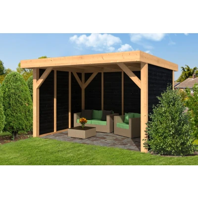Afbeelding van Lariks Douglas overkapping Ommen met zwarte wanden DHZ bouw 400x300cm