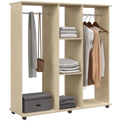 Afbeelding van HOMCOM Kledingkast, mobiele opbergkast, 6 wielen, 120 x 40 128 cm, van natuurlijk hout