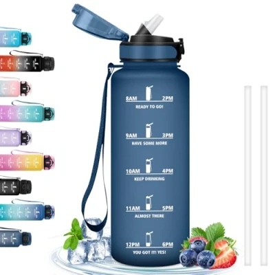 Afbeelding van 1,5 liter waterfles met rietje, lekvrij, motiverende fles tijdschaal, sportfles, fitness, wandelen, fietsen, kamperen, marineblauw