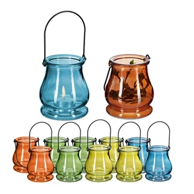 Afbeelding van Relaxdays windlicht set van 12 waxinelichthouder buiten hengsel glas kleurrijk
