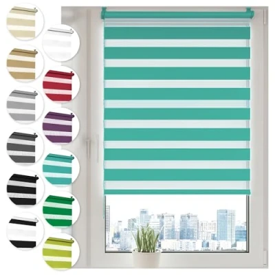 Afbeelding van Sonello rolgordijn voor dag en nacht, klembevestiging, zonder boren, 75 x 210 cm, turquoise, eenvoudig te installeren met clips ramen of deuren, zebra rolgordijn, zonwering, van