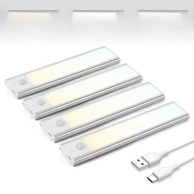 Afbeelding van Brendz Led Kastverlichting met Bewegingssensor, USB C Oplaadbare Strip, 3 Kleurtemperaturen, Dimbaar, Draadloos, Magnetische Verlichting voor Kasten, Gangen, Slaapkamers, 4 x 20cm, Zilver
