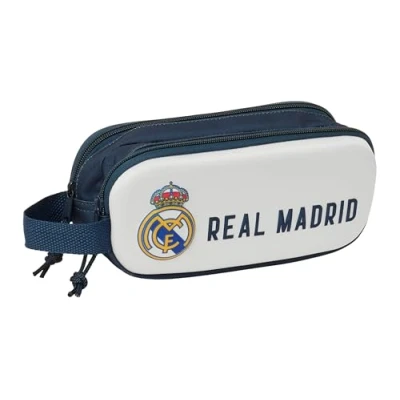 Image de Safta Real Madrid Trousse double 3D pour enfants d&#039;âge scolaire, confortable et polyvalente, qualité résistance, 21 x 6 8 cm, Blanc/bleu marine, Estándar, Décontracté