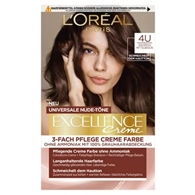 Afbeelding van L&#039;Oréal Paris Permanente kleuring voor alle huidtinten, ammoniakvrije kleuring, universele nude met volledige dekking van grijs haar, Excellence crème, middenbruin nr. 4U